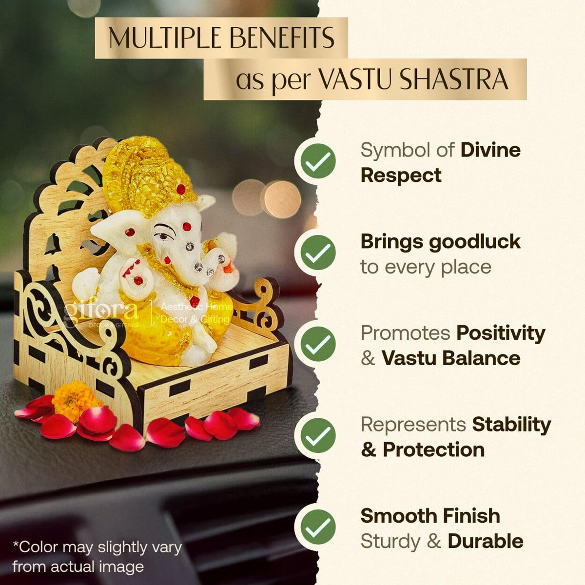 Gifora Mini Wooden Singhasan with Ganesh Idol for Car Dashboard, Small Temple Throne for Home & Office Desk, Ganpati Idol for Gift, Pooja Singhasan for Housewarming & Festive Decor (D2)