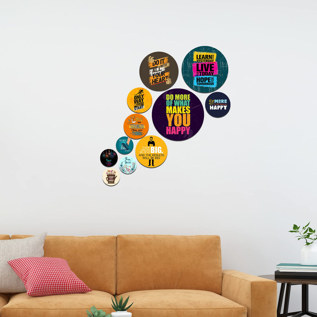 Artvibes Do It With All Your Heart Round Shape MDF Wooden Wall Decor Items | Quotes Decor Item | Wall Illustrations | Office Decor | Wall Art Print | Inspirational quotes | Gift (WPS_111N), Set of 11
