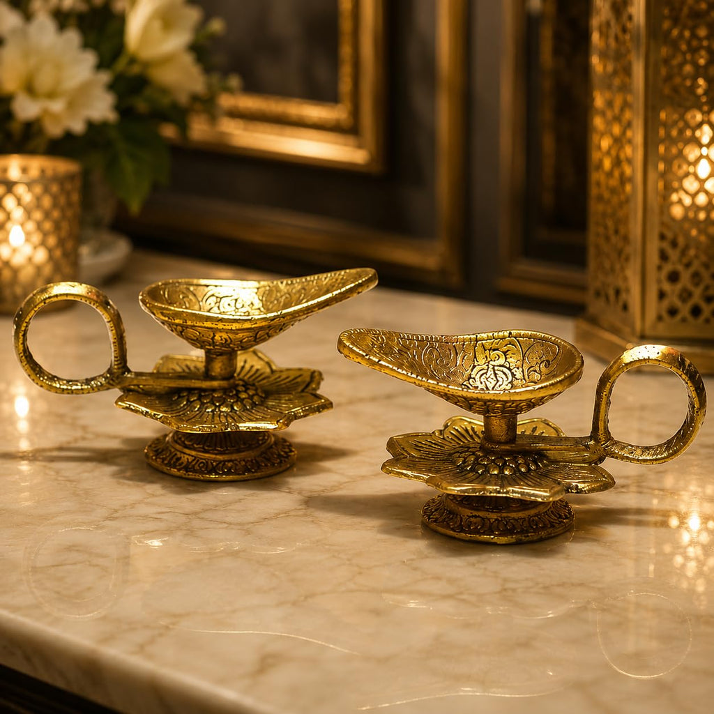 KridayKraft Aluminium Flower Diya for Puja | Pooja Accessory for Home Mandir (Gold)