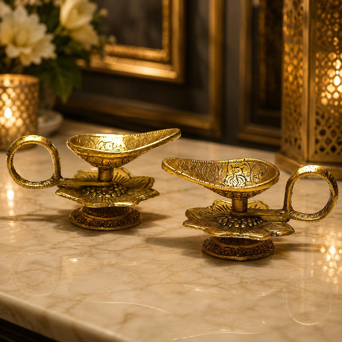 KridayKraft Aluminium Flower Diya for Puja | Pooja Accessory for Home Mandir (Gold)