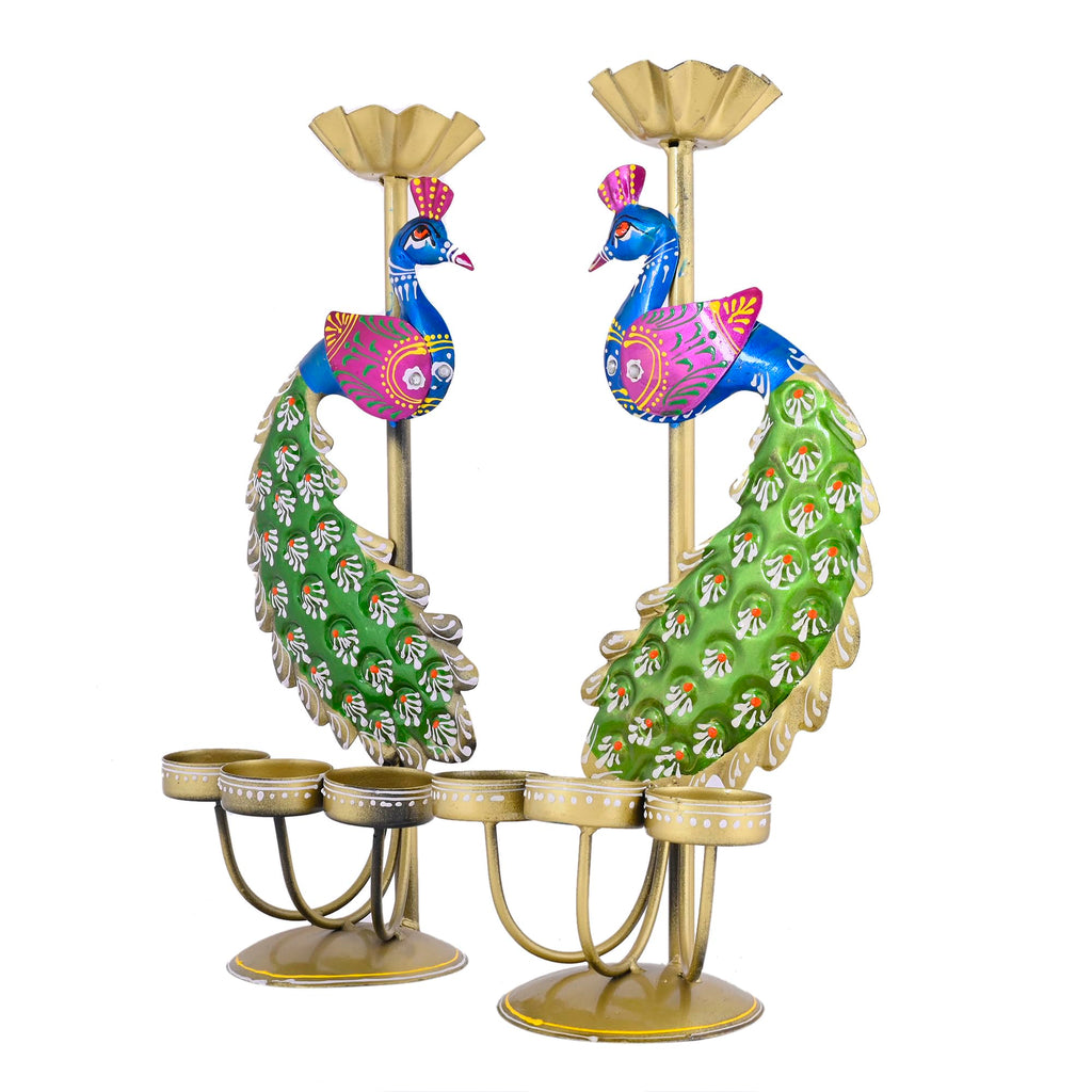 CraftVatika Elegant Metal Peacock Candle Holder -for Home Decoration Diwali, Intricate Design Tealight Candle Holders for Home Diwali Decor, Handpainted Tealight Candle Holder (Double Side)