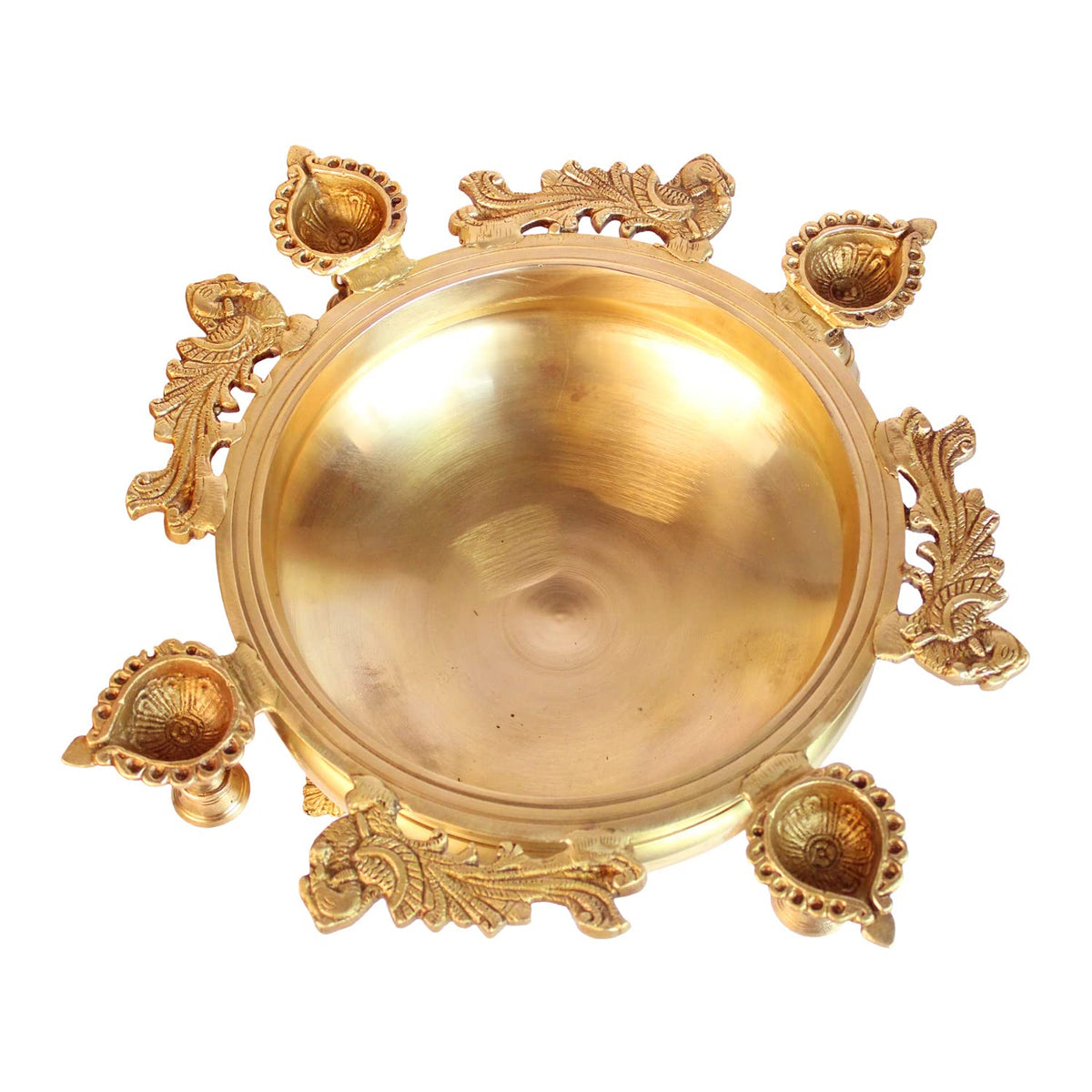 ARTVARKO Peacock Design Traditional Brass Urli with Diyas and Bells Flower Candles Home and Office Decoration Gift 15 Inch,Gold Color