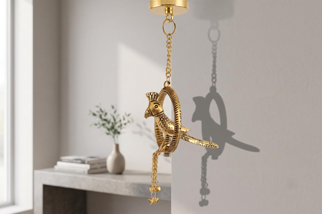 KridayKraft Decorative Metal Parrot Wall Hanging – Golden Ring Design with Bells, Traditional Home Decor Item for Living Room, Entrance & Gift.