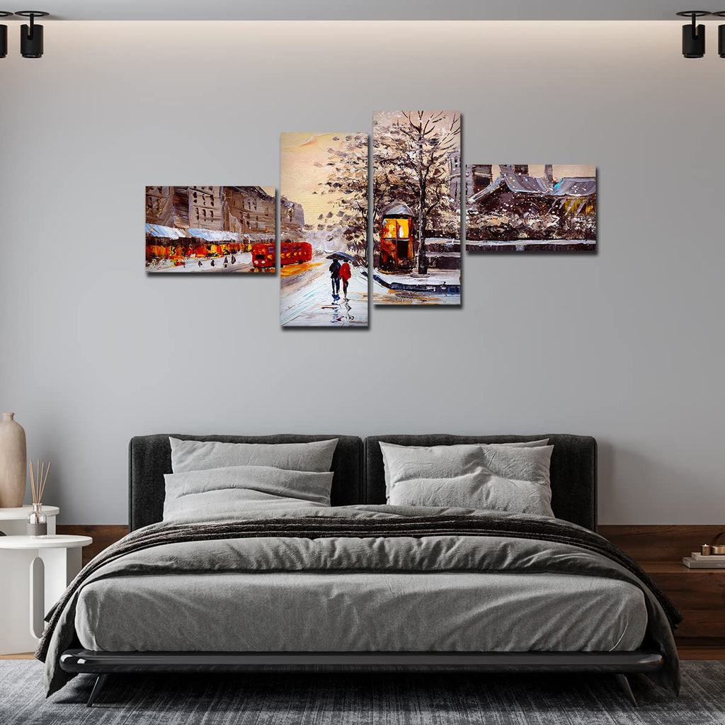 VIBECRAFTS Street View Of London 4 Pieces Canvas Wall Painting Fitted With Wooden Frame For Home | Office | Living Room | Gifts (PTVC4Pcs3_15505)