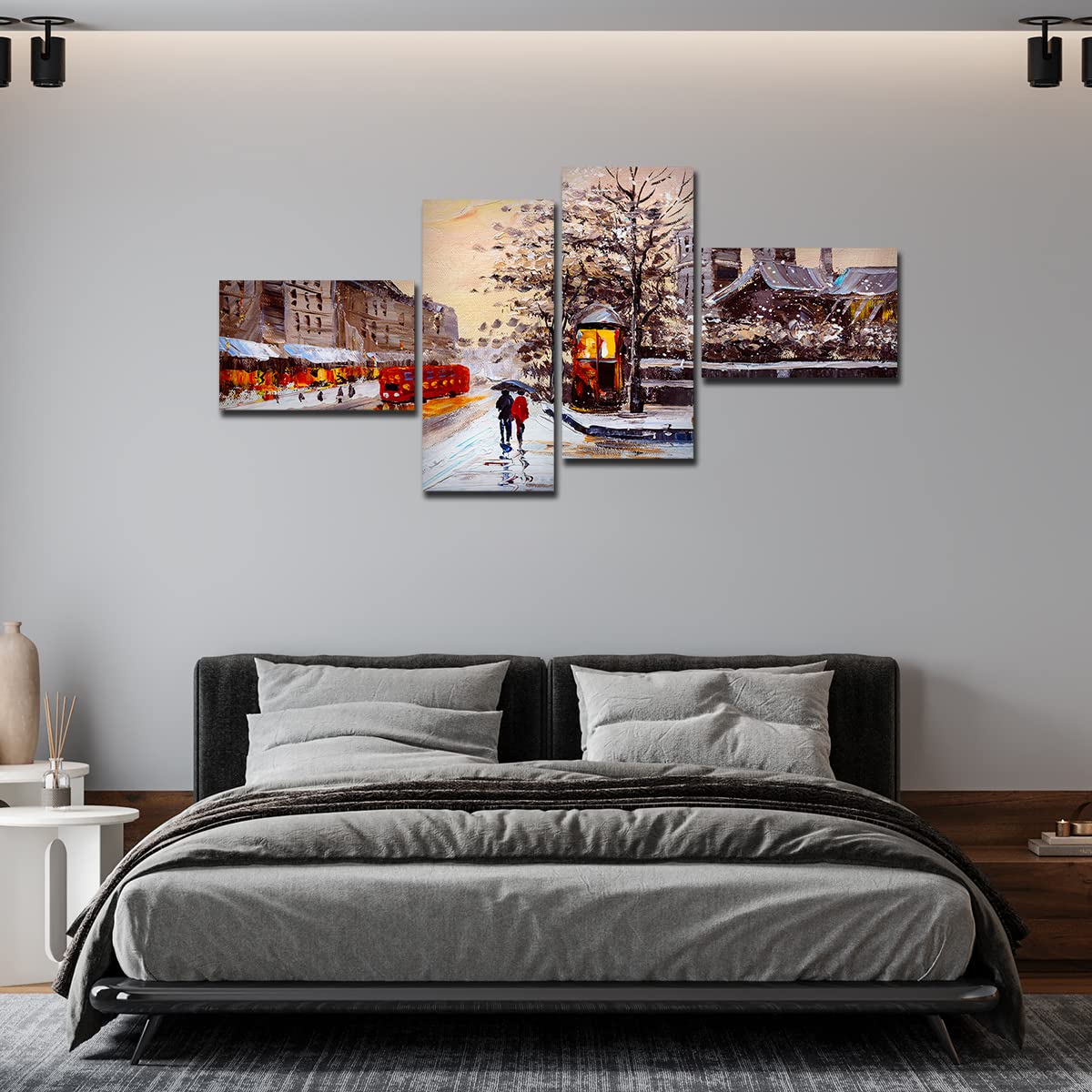 VIBECRAFTS Street View Of London 4 Pieces Canvas Wall Painting Fitted With Wooden Frame For Home | Office | Living Room | Gifts (PTVC4Pcs3_15505)