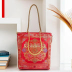 Rhaa Red Tote Bag | Banarasi Silk Embroidered | Tote Bag for Women | Perfect for Festivals, Office, Shopping, Travel & Grocery | Zipper Closure & Pockets 30x8x30 CM