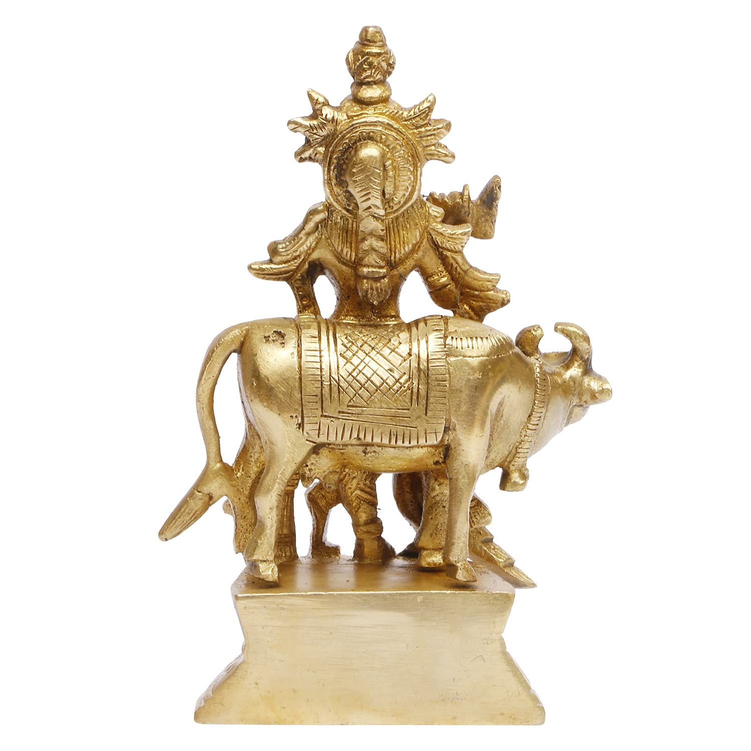 ARTVARKO™ Brass Krishna with Cow Murti Idol in Flute Playing Posture on Beautiful Pedestal Home Decor Entrance Statue Office Table 5.5 Inch.