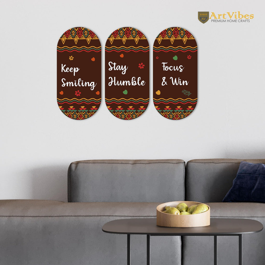 Artvibes Keep Smiling Positive Quotes Printed Wooden Wall Hanger for Home | Office | Living Room | Gift | Modern Decoration Items | Kitchen Wall Decor | Artworks (WH_9013N), Set of 3