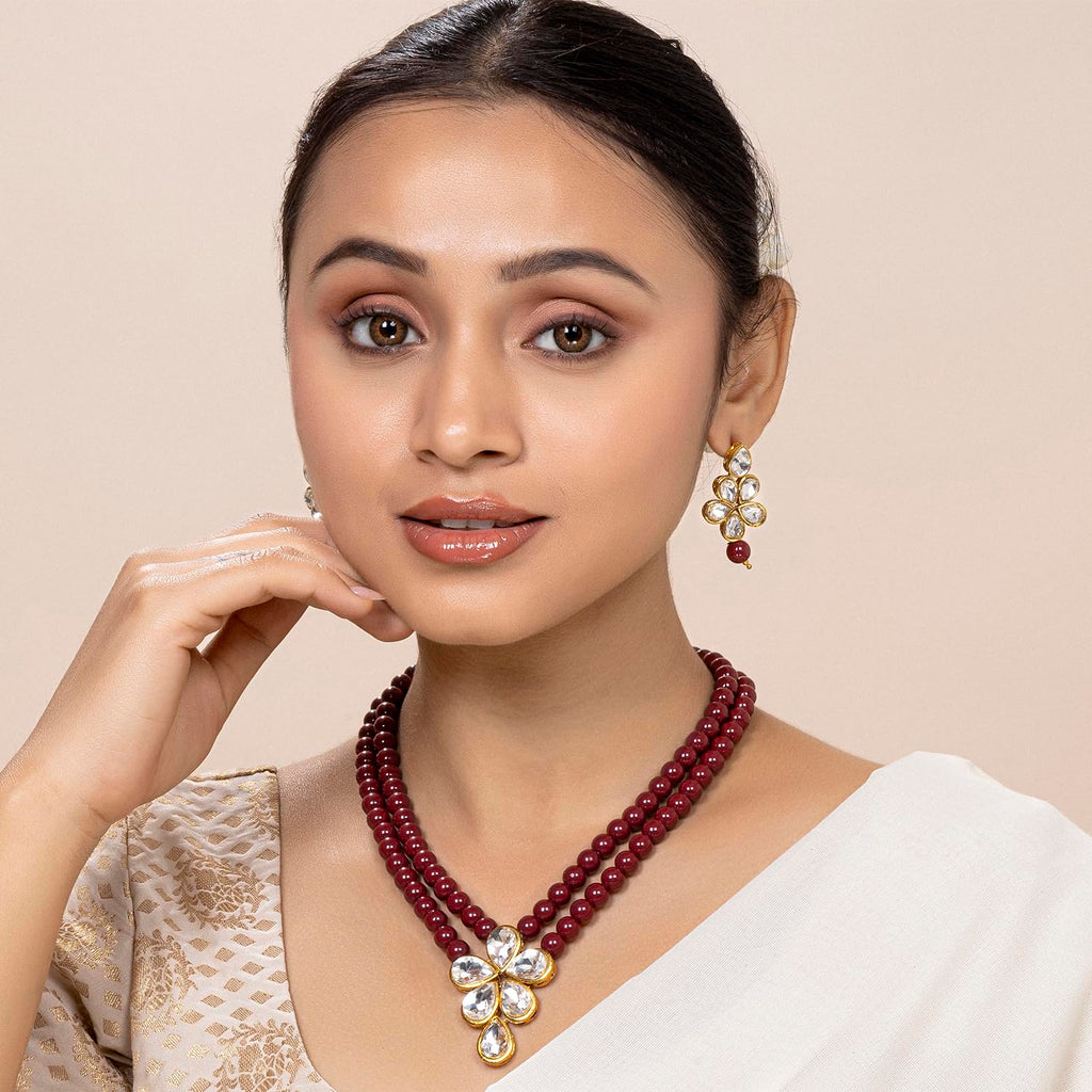 Peora Gold Plated Crystal Pearl Long Necklace Drop Earrings Set Women