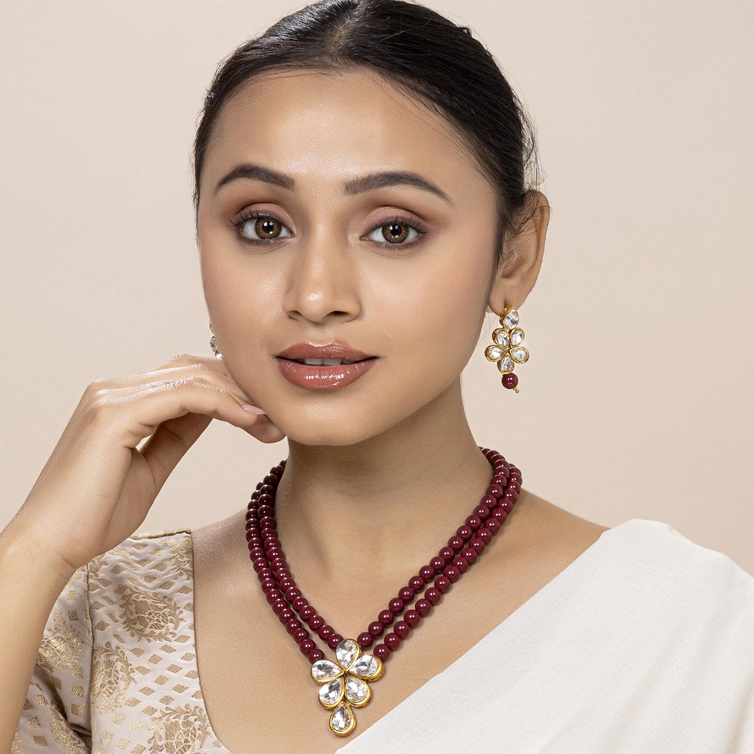 Peora Gold Plated Crystal Pearl Long Necklace Drop Earrings Set Women