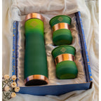 INDIAN ART VILLA Copper Bottle & Glass Gift Set - 950 ml Water Bottle & 2 Glasses (300 ml Each) - Pure Copper with Green Ombre Silk Finish, Perfect for Gifting & Everyday Use