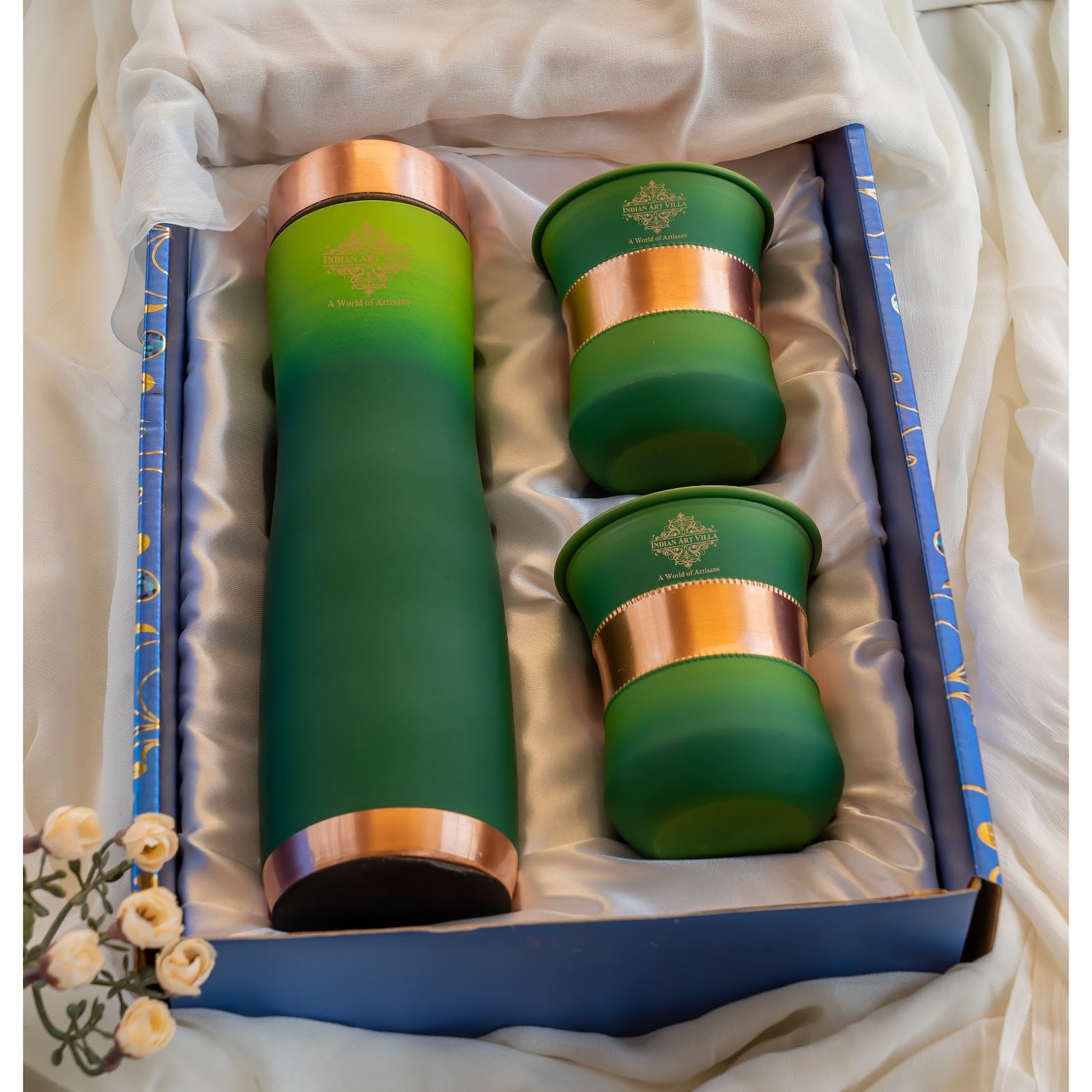 INDIAN ART VILLA Copper Bottle & Glass Gift Set - 950 ml Water Bottle & 2 Glasses (300 ml Each) - Pure Copper with Green Ombre Silk Finish, Perfect for Gifting & Everyday Use
