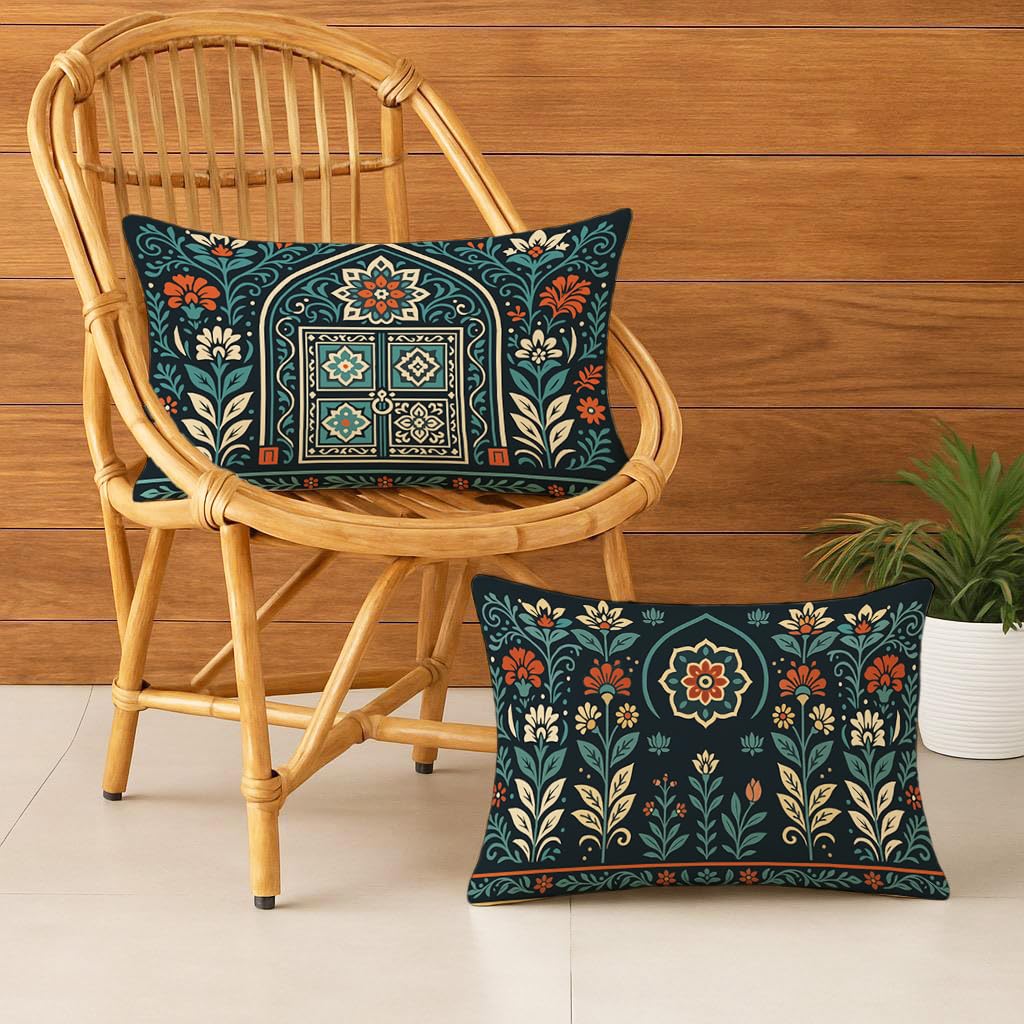 STITCHNEST Satin Cushion Covers Pack of 2 Rajasthani Haveli Door & Floral Arch Design, 12x18 Inch, Black Ethnic Decor for Sofa, Living Room & Festive Styling