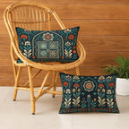 STITCHNEST Satin Cushion Covers Pack of 2 Rajasthani Haveli Door & Floral Arch Design, 12x18 Inch, Black Ethnic Decor for Sofa, Living Room & Festive Styling