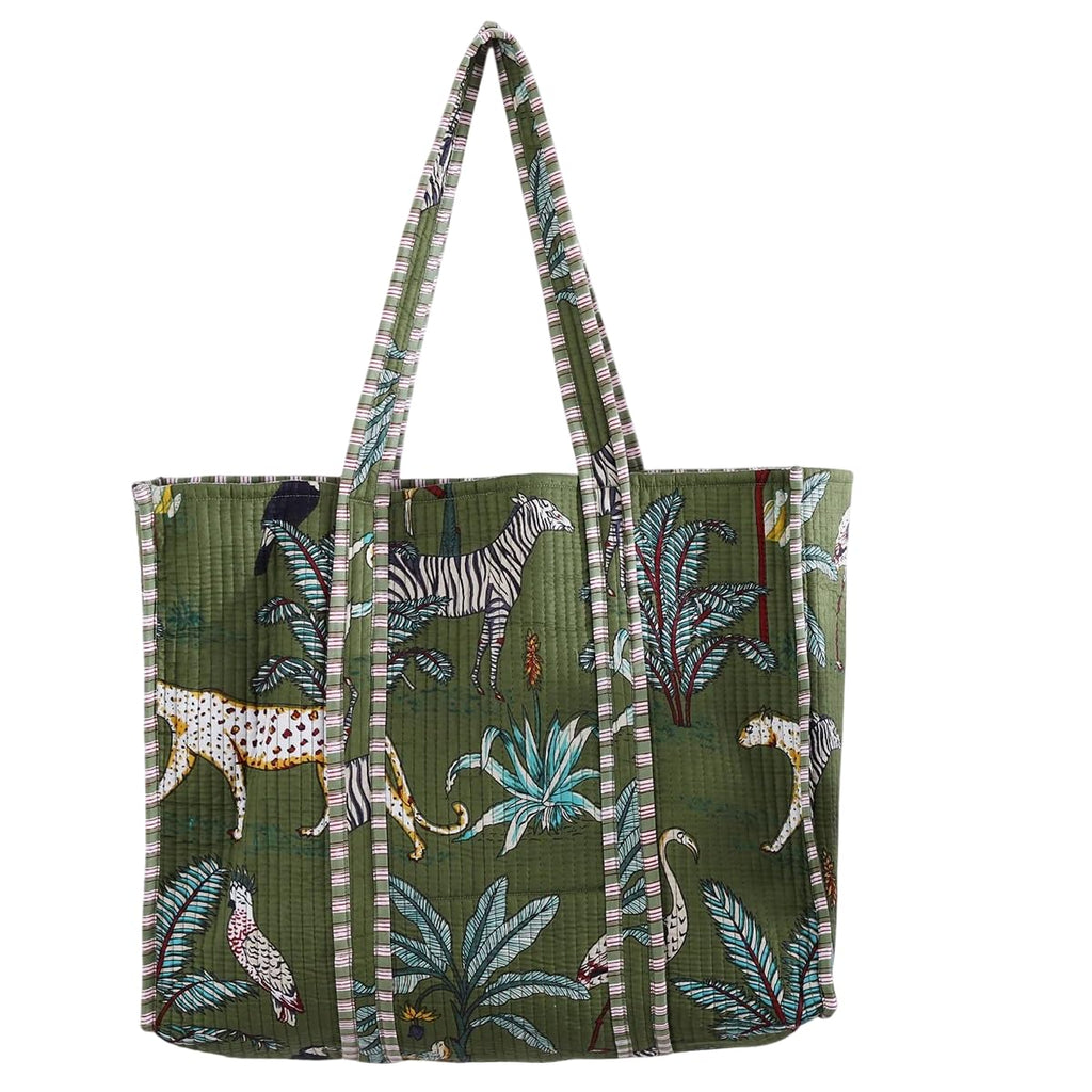Pranipat Handicrafts Quilted Cotton Tiger Printed Pink Reversible Large Grocery Shopping Tote Bag - Versatile and Fashionable Tote for Shopping and Daily Essentials (Green-Regular)
