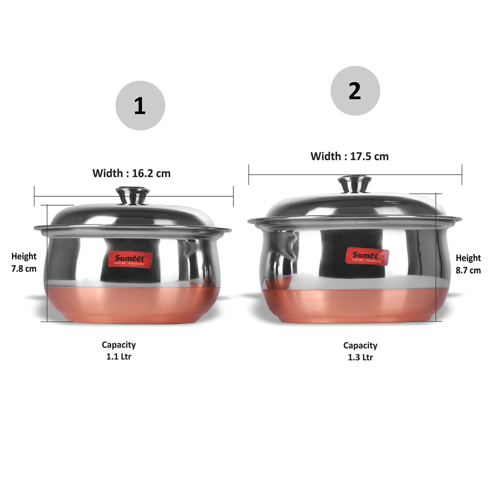 Sumeet Stainless Steel Copper Bottom Multipurpose Cook & Serve Handi With Lid - 2 Pcs Set (1.1 Liter, 1.3 Liter)