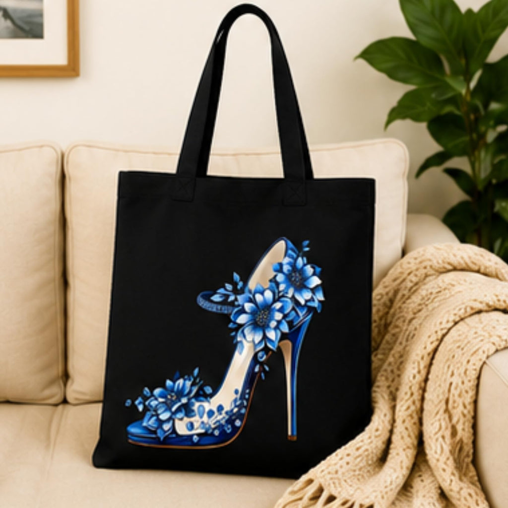 Adorvue Black Canvas Tote Bag for Women with Blue Floral High Heel Print | Premium Cotton Reusable Shopping Shoulder Bag | Designer Shoe Eco-Friendly Tote for College, Office, Travel & Daily Use