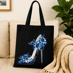 Adorvue Black Canvas Tote Bag for Women with Blue Floral High Heel Print | Premium Cotton Reusable Shopping Shoulder Bag | Designer Shoe Eco-Friendly Tote for College, Office, Travel & Daily Use