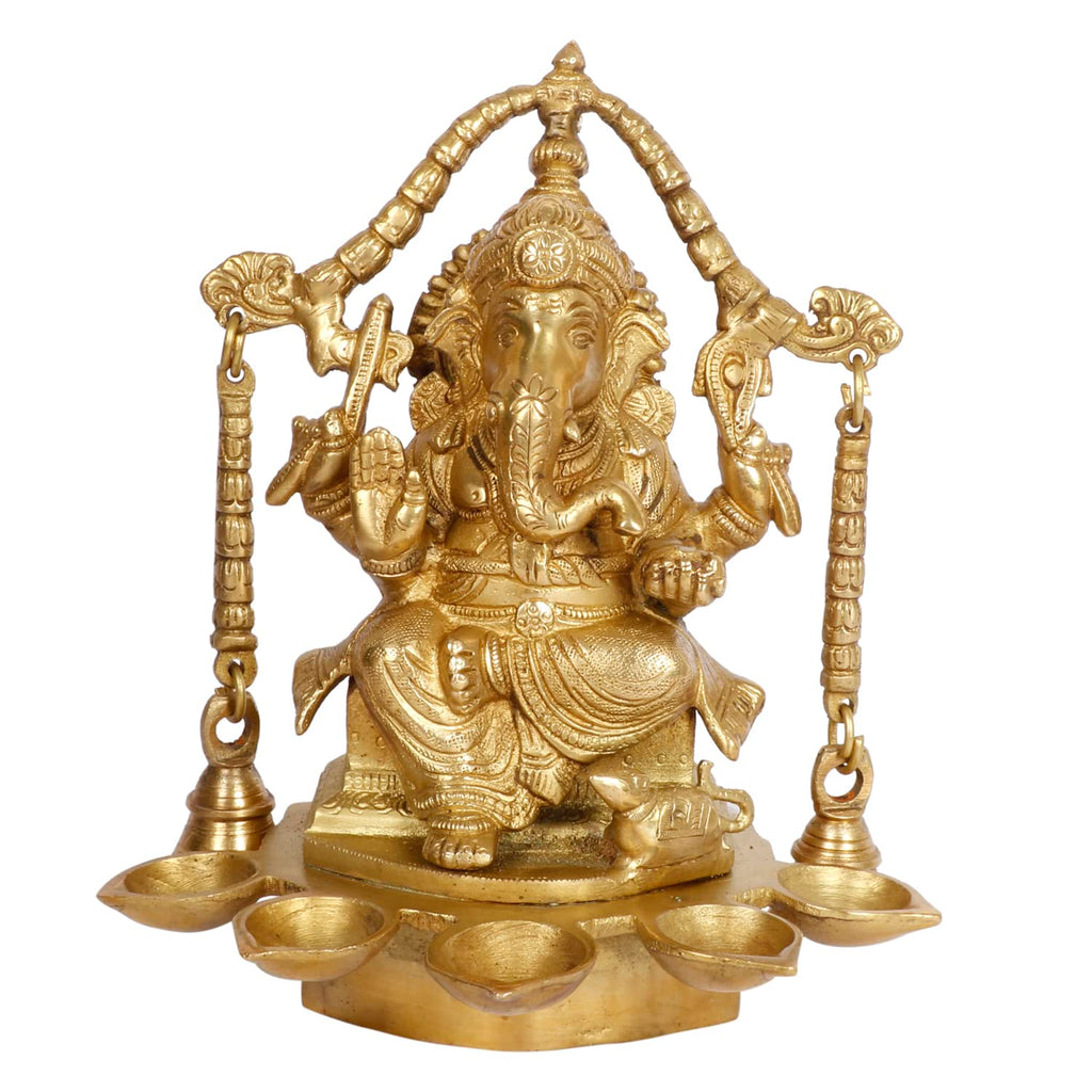 Artvarko Brass Ganesh Idol Ganesha Diya with Hanging Bells 5 Diyas Table Oil lamp Burner Diwali Pooja Home Decor Height 9 Inches