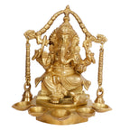 Artvarko Brass Ganesh Idol Ganesha Diya with Hanging Bells 5 Diyas Table Oil lamp Burner Diwali Pooja Home Decor Height 9 Inches