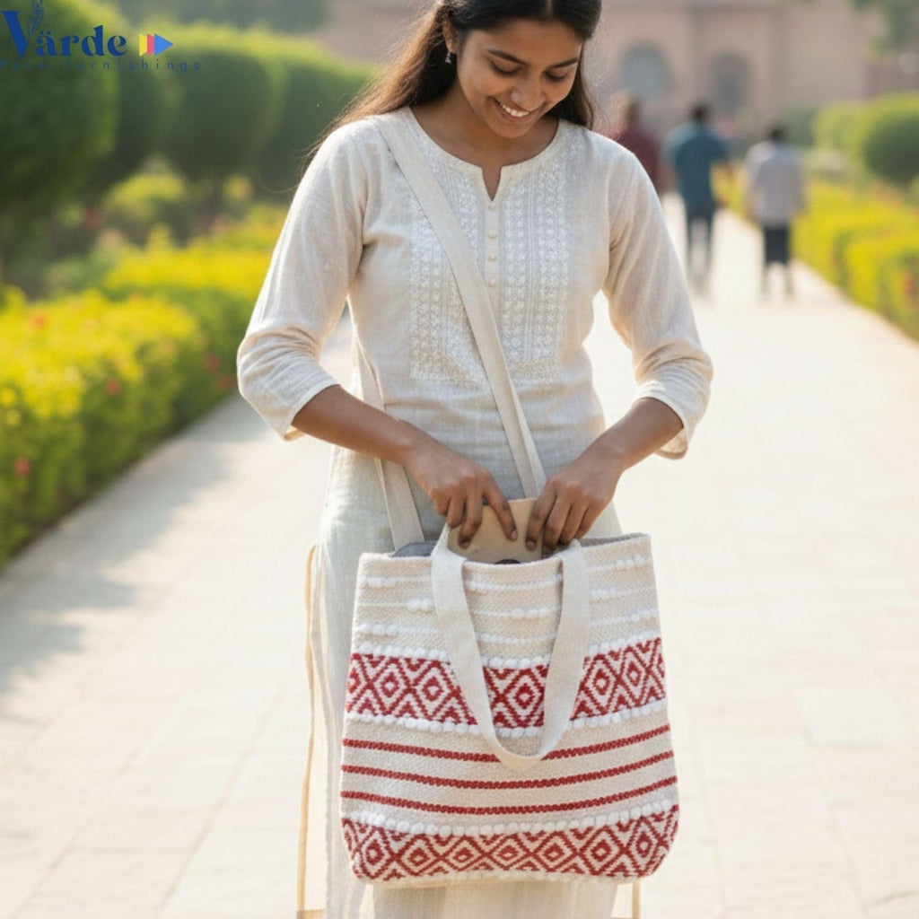 Värde Handmade Cotton Tote Bag for Women | Boho Ethnic Embroidered Shoulder Bag | Red & White Patterned Casual Handbag | Eco-Friendly Lightweight Daily Use Tote Bag for Shopping, Travel & Office