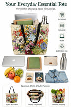HOMELYA Large Cotton Canvas Zippered Tote Bag for Women | Reusable Eco-Friendly Shoulder Carry Bag | Spacious Shopping, Office & College Handbag | Durable MultiFlower Print Handbag