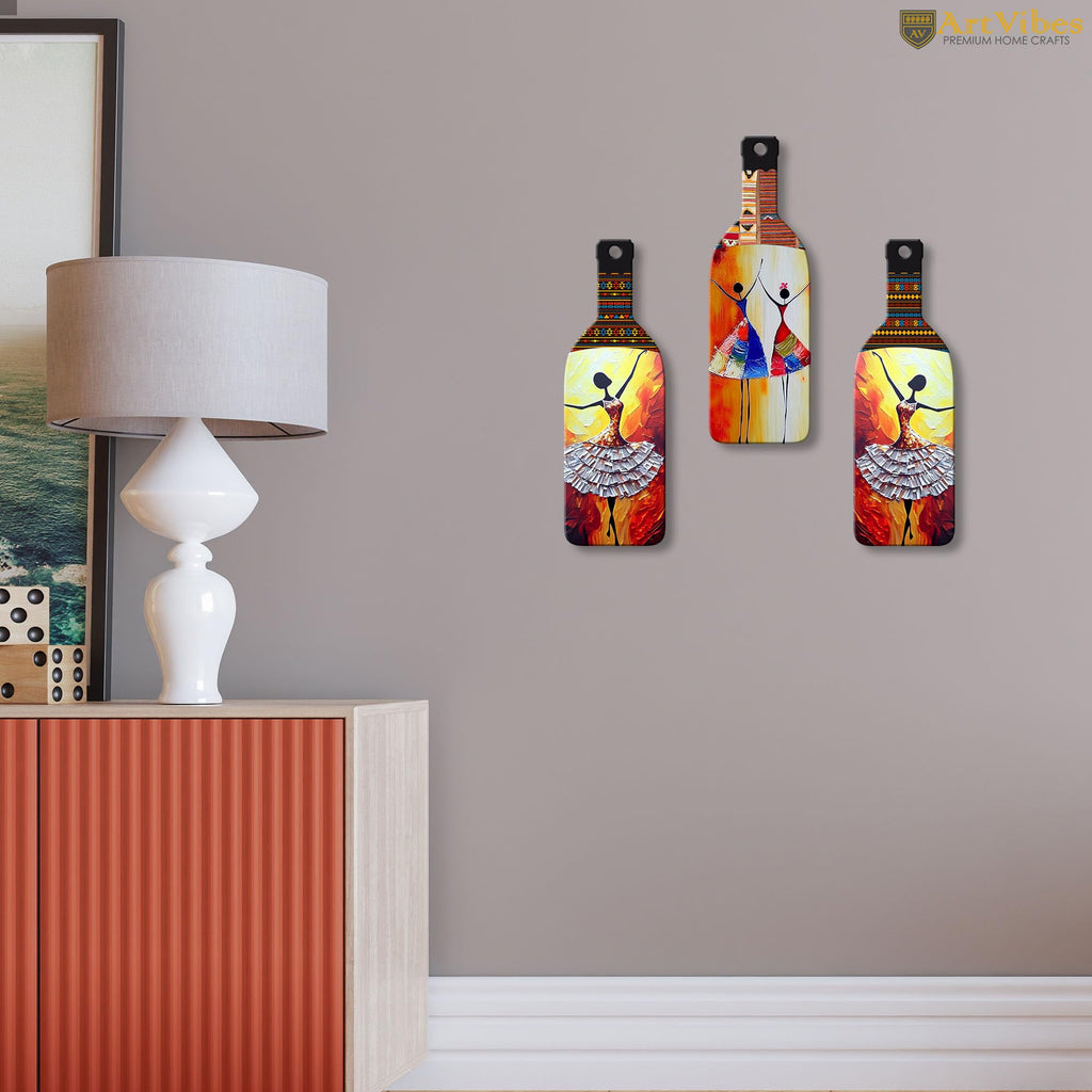 Artvibes Abstract Art Dancing Girl Decor Bottle shaped Wooden Wall Hanging | Modern Wall Art Paintings | Wall Illustrations | Wall Accents | Door Hanging Art Items | Gift Items (WH_9505N), Set of 3