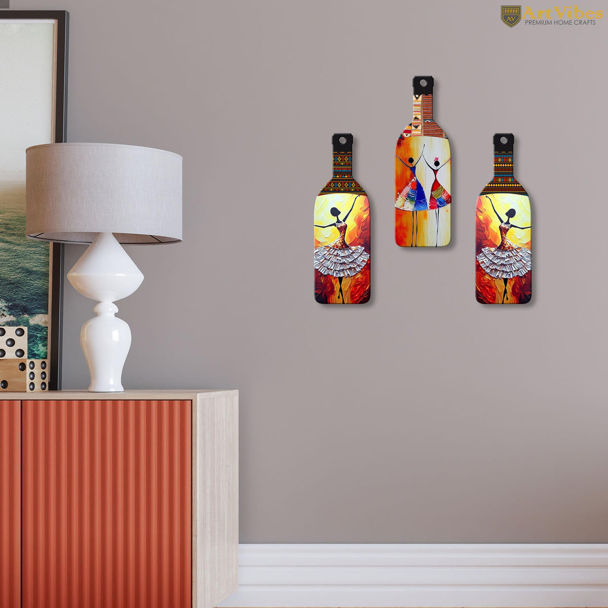 Artvibes Abstract Art Dancing Girl Decor Bottle shaped Wooden Wall Hanging | Modern Wall Art Paintings | Wall Illustrations | Wall Accents | Door Hanging Art Items | Gift Items (WH_9505N), Set of 3