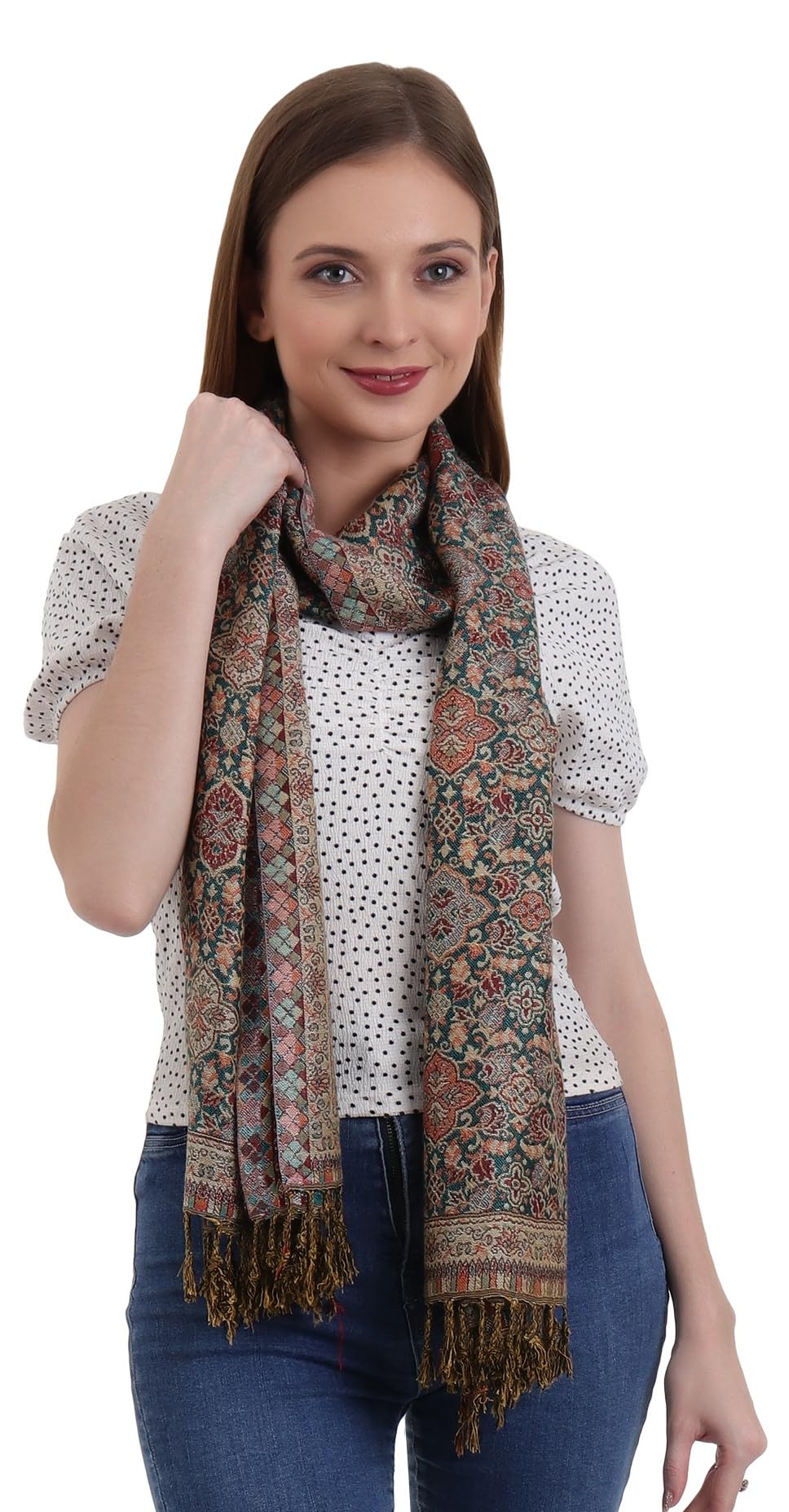 EH female Reversible Jamawar Multicolor Viscose Silk,Floral & Paisley Super Soft Pashmina Stoles/Scarf (Flower Teal Green)