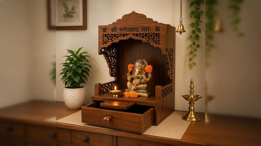 Wooden Pooja Mandir with Drawer, Shri Ganeshay Namah Carved Size 18x12