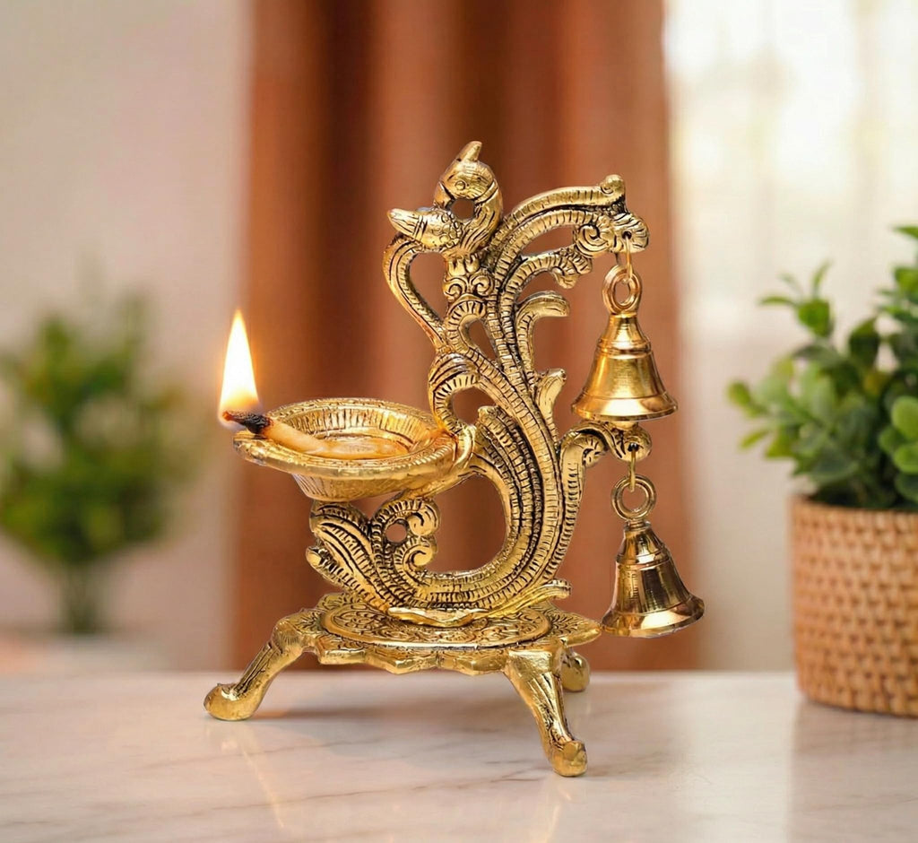 KridayKraft Aluminium Diya for Puja Room Oil Lamp in Peacock Design with Bell (Gold, Pack of 1 Pcs)