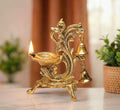 KridayKraft Aluminium Diya for Puja Room Oil Lamp in Peacock Design with Bell (Gold, Pack of 1 Pcs)