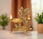 KridayKraft Aluminium Diya for Puja Room Oil Lamp in Peacock Design with Bell (Gold, Pack of 1 Pcs)