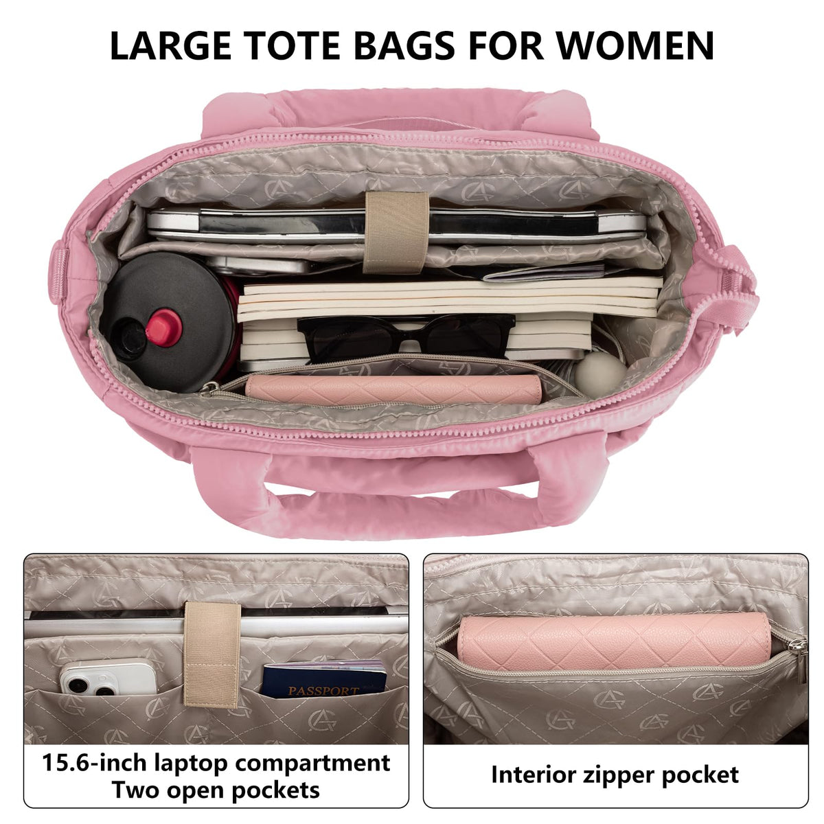 Puffer Tote Bag for Women Quilted Nurse Bag Lightweight Work Bag for Teacher Travel Handbag with Multiple Pockets