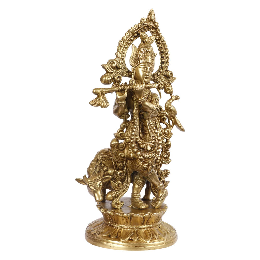 Svarup Brass Shri Krishna Idol with Cow Kishan Bhagwan Murti Lord Krishna Cow Statue with Flute Big Size Height 12 Inch Weight 3.2 Kg Color Gold