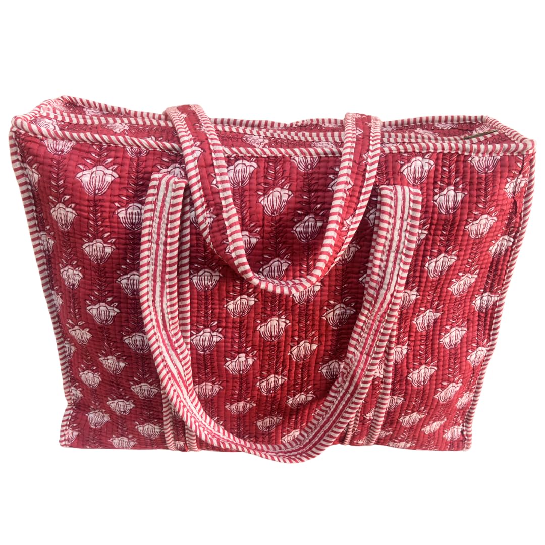 Bazaar Bhoot Edition Premium Cotton Quilted Shopping Tote Bag - Multipurpose Long Lasting Foldable Reusable Bag with zipper for Shopping, Travel & Daily Use - Made in India (Dark Pink)