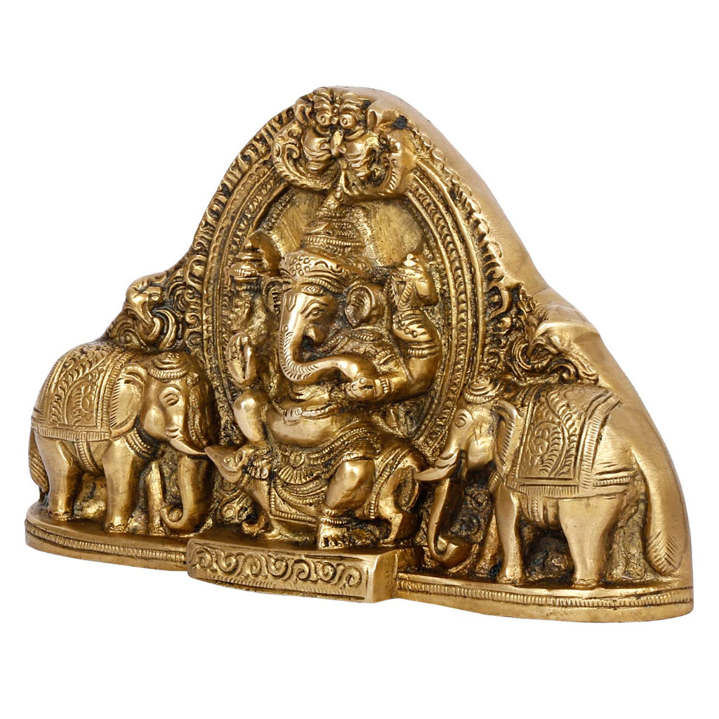SVARUP Brass Gaja Ganesha Lord Ganesh Sitting on Rat with Elephants Idol Wall Hanging Table Top Murti for Home Entrance.