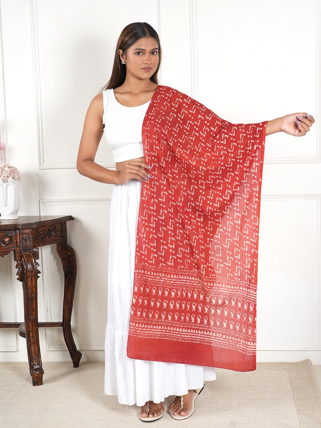 Gutthi Women's Cotton Stoles | Scarf Lightweight & Comfortable for All Seasons, Casual Wear, Size (100X180 CM) (Red)
