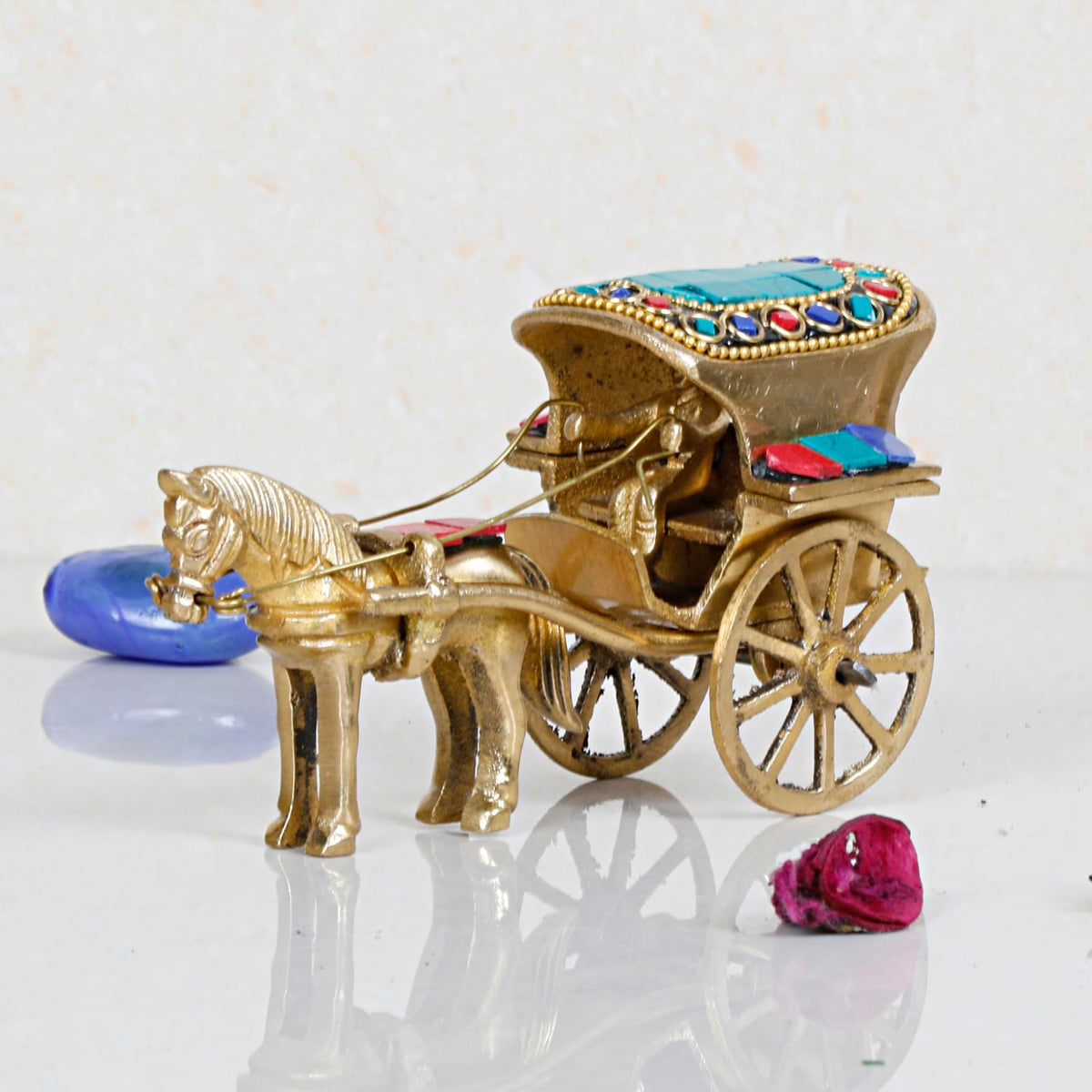 ARTVARKO Horse Cart Replica Brass Gemstone Handwork for Study Table Vastu Decor Fengshui Ashav Idol Murti Tanga Showpiece Statue 5.5 Inch