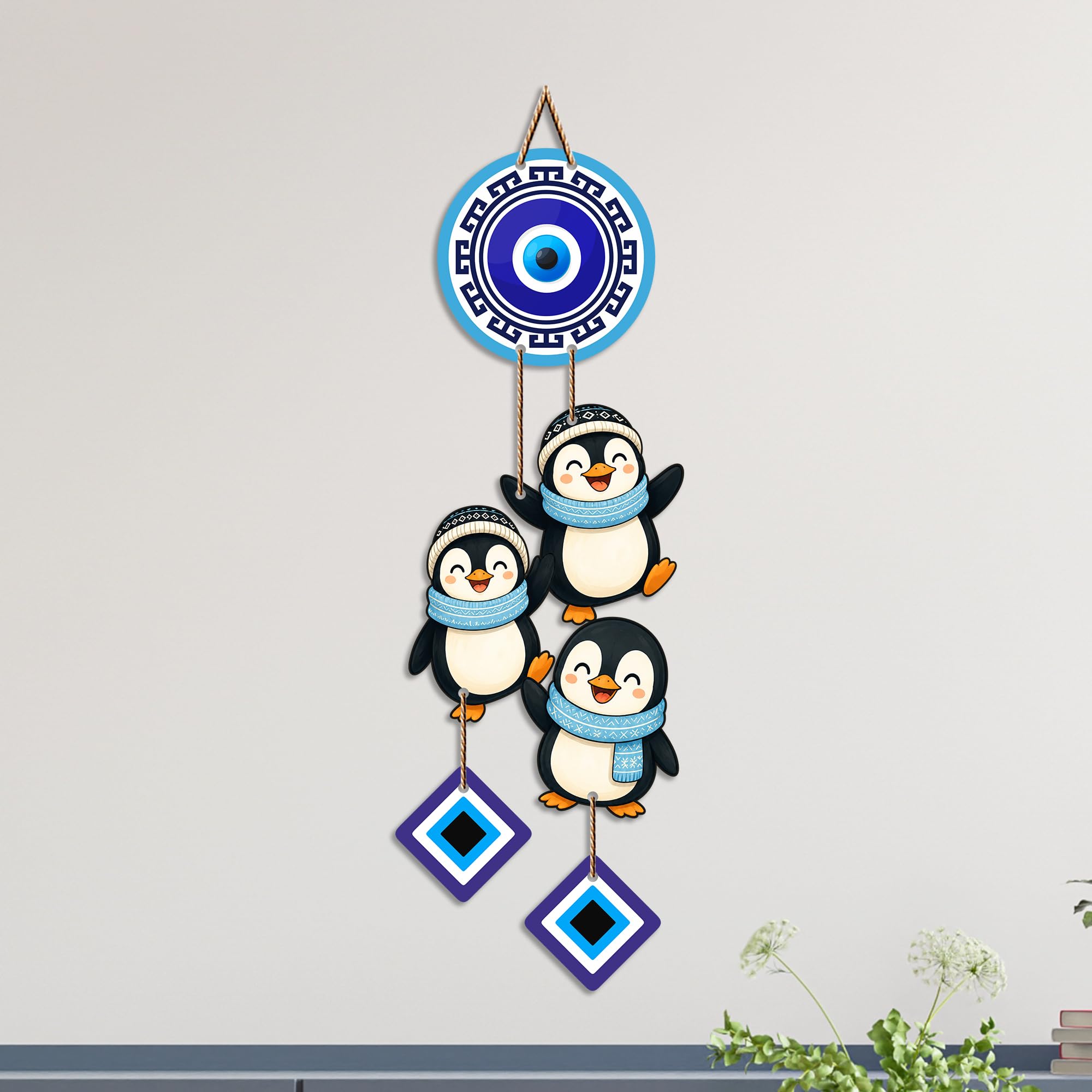 Artvibes Penguin Family Evil Eye Wall Hanging Decor for Kids Room | Living Room | Bedroom | Cute Nazar Battu Protection Ornament | Positive Energy Wall Accent Gift (WH_85147N)