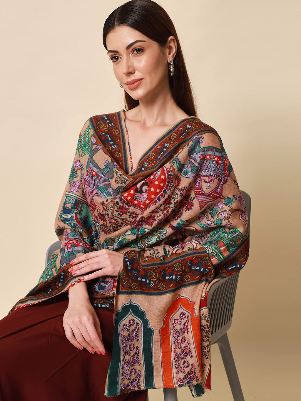 Pashmoda Women Noor Pure Wool Kalamkari Hand Embroidered Shawl (Size: 101 X 203 Cms)