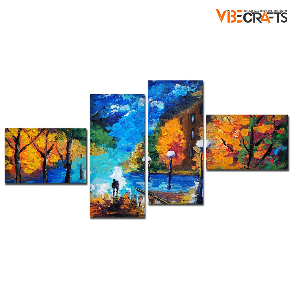 VIBECRAFTS Beautiful Scenery Of Couple Dating 4 Pieces Canvas Wall Painting Fitted With Wooden Frame For Home | Office | Living Room | Gifts (PTVC4Pcs3_15502)