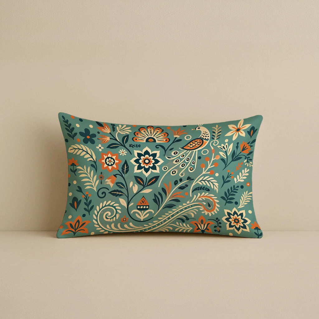 STITCHNEST Ethnic Satin Cushion Covers Twin Peacock with Floral Pattern, 12x18 Inch, Pack of 2 for Traditional Home Decor, Sofa Styling & Gifting