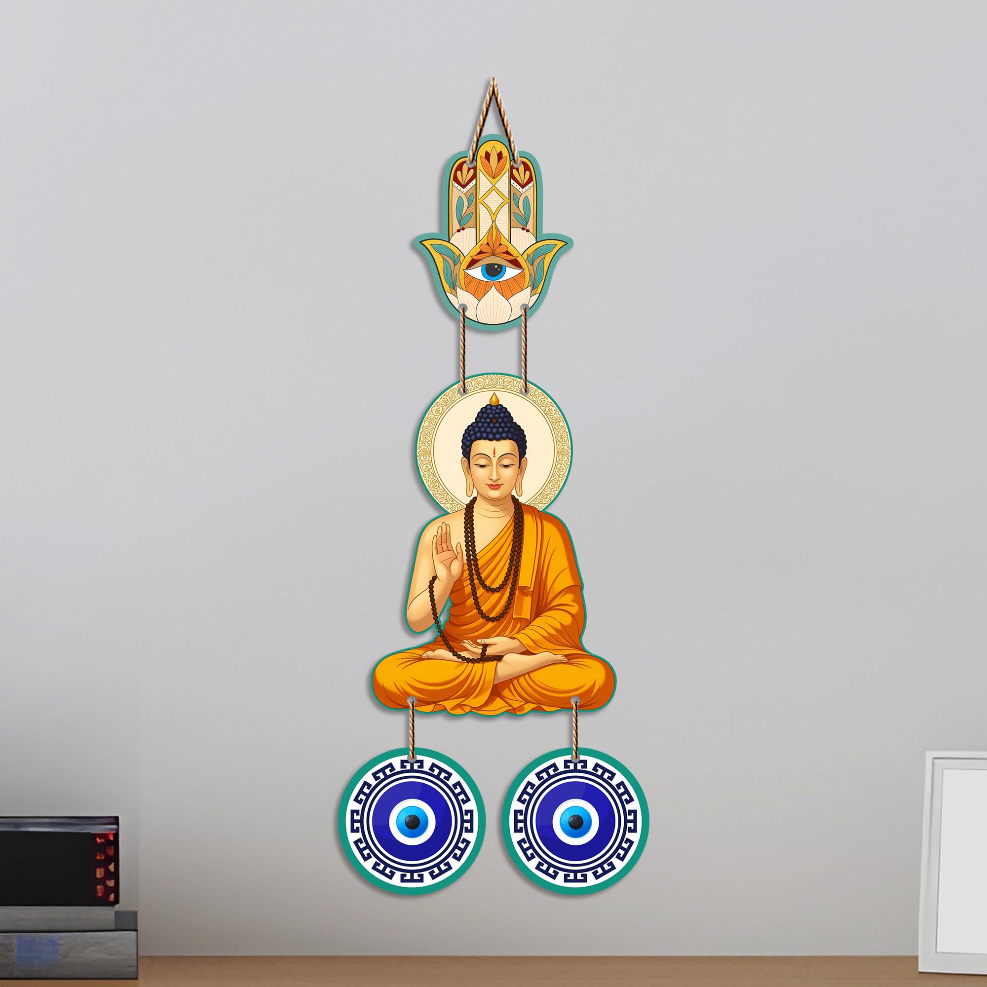 Artvibes Buddha Blessing Wall Hanging with Hamsa Hand & Evil Eye Accents | Decorative Spiritual Hanging for Home Protection | Wooden Decor for Entrance | Positive Energy Wall Art (WH_85102N)