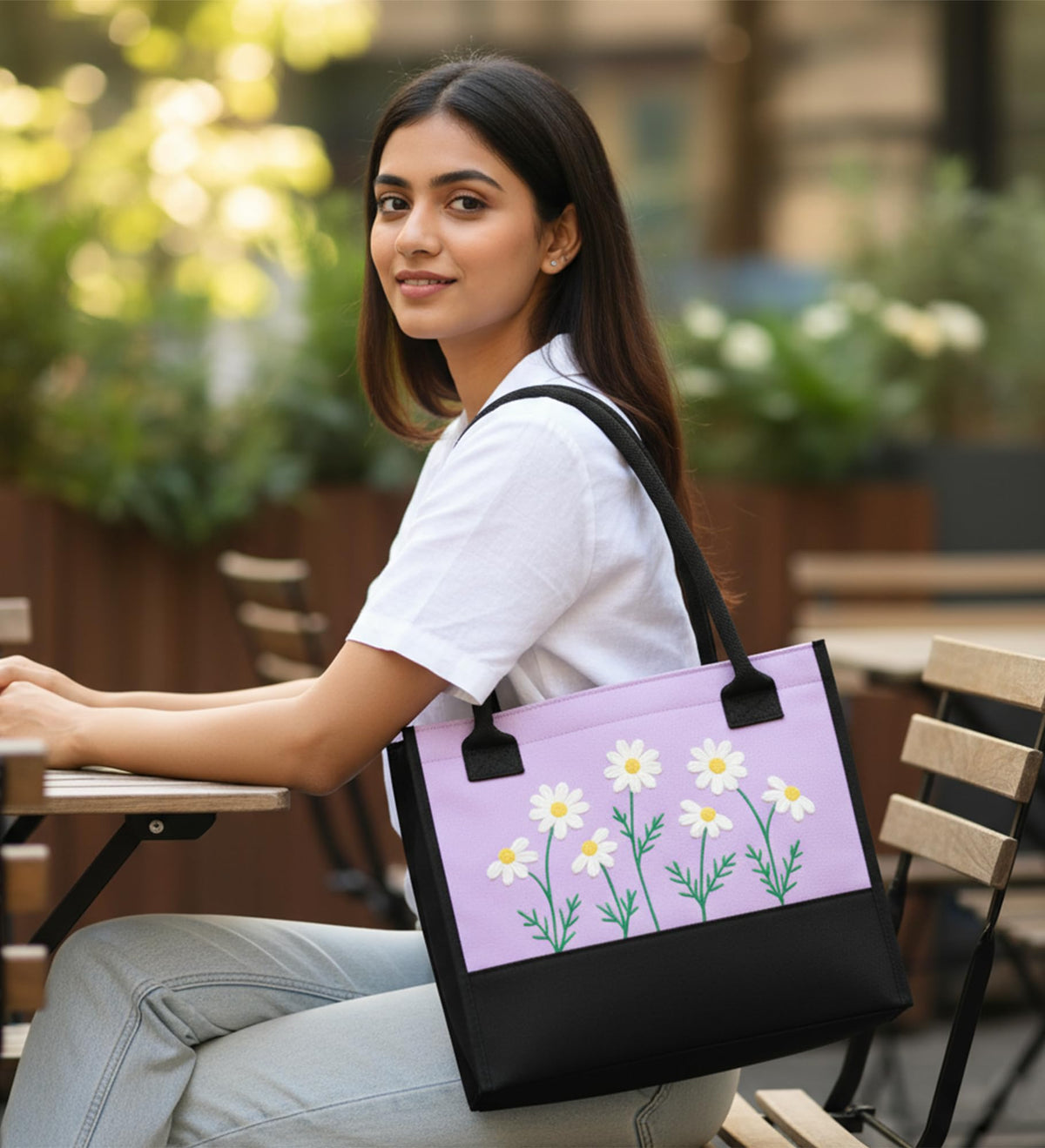 ECOCARRY Cotton Tote Bag For Woman Stylish | Embroidered Canvas Hand Bag With Floral Design | Latest Casual Shoulder Bag Zipper For College Girls, Office, Daily Use, Travel, Beach, Shopping (Purple)