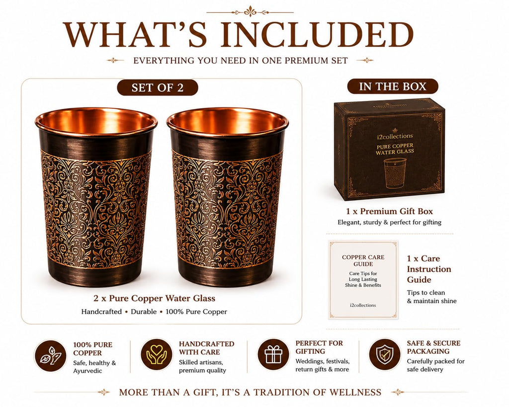 i2collections Pure Copper Water Glass Set of 2 with Elegant Etching Design, Handmade Ayurvedic Drinking Tumblers for Daily Use, Dining, Kitchen, Festive, Wedding & Housewarming Gift Set