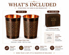 i2collections Pure Copper Water Glass Set of 2 with Elegant Etching Design, Handmade Ayurvedic Drinking Tumblers for Daily Use, Dining, Kitchen, Festive, Wedding & Housewarming Gift Set