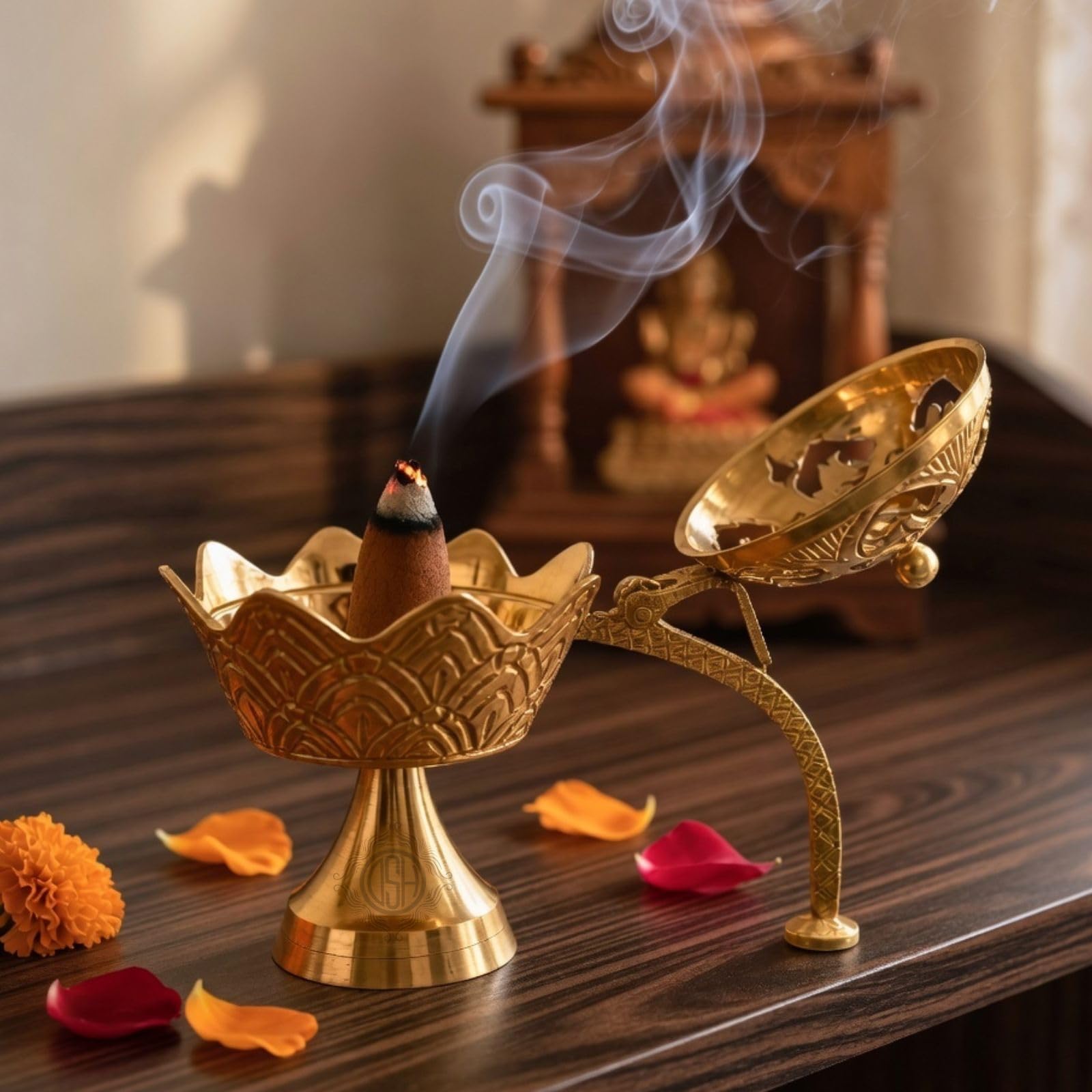 DSH Brass Dhup Dani Dhuna Loban Burner Kapoor Dani Incense Burner Sambrani Holder for Puja Home Decor & Gifting. (Small)