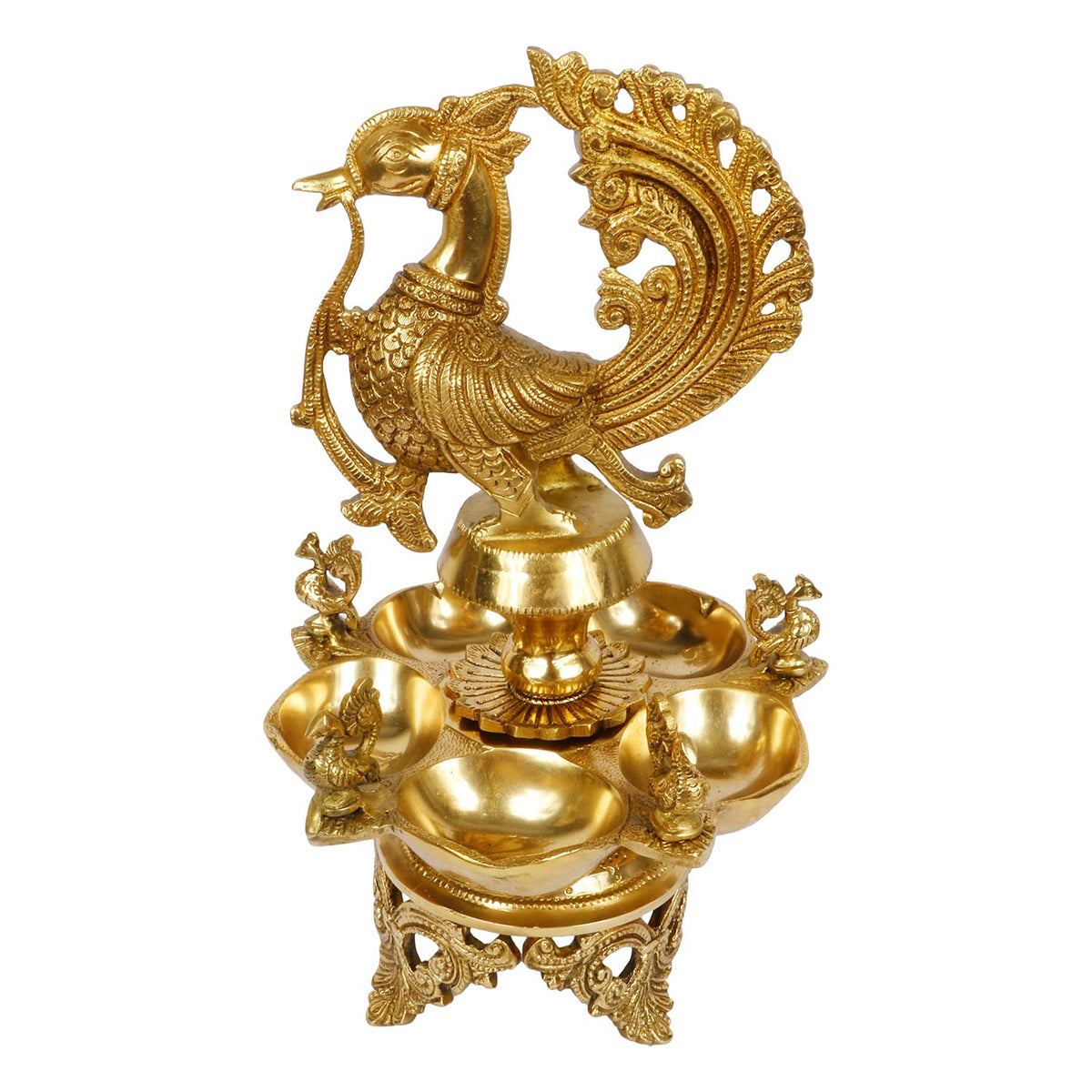 Svarup 12 Inch Gold Color Brass Peacock Diya: Perfect for Home Temple Aarti, Camphor Burn, and Table Mandir