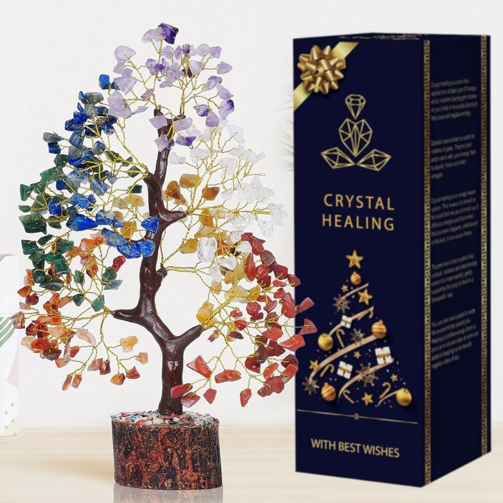 PREK Seven Chakra Crystal Tree Showpiece Good Luck Home Decor Living Room Decoration Items, Wedding Gift for Couples, Feng Shui Bonsai Money Tree of Life for Positive Energy, 11 inch Size, Multicolor